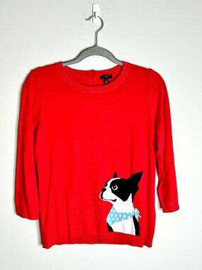Talbots Bright Red Boston Terrier Novelty Crew Neck Preppy Sweater 3/4 Sleeve MP
